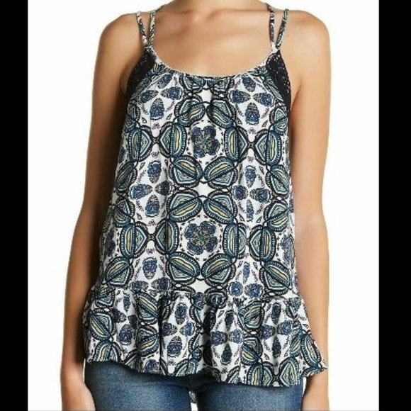 Melrose and Market Tops - Melrose & Market Printed Lace Trim Strappy Tank